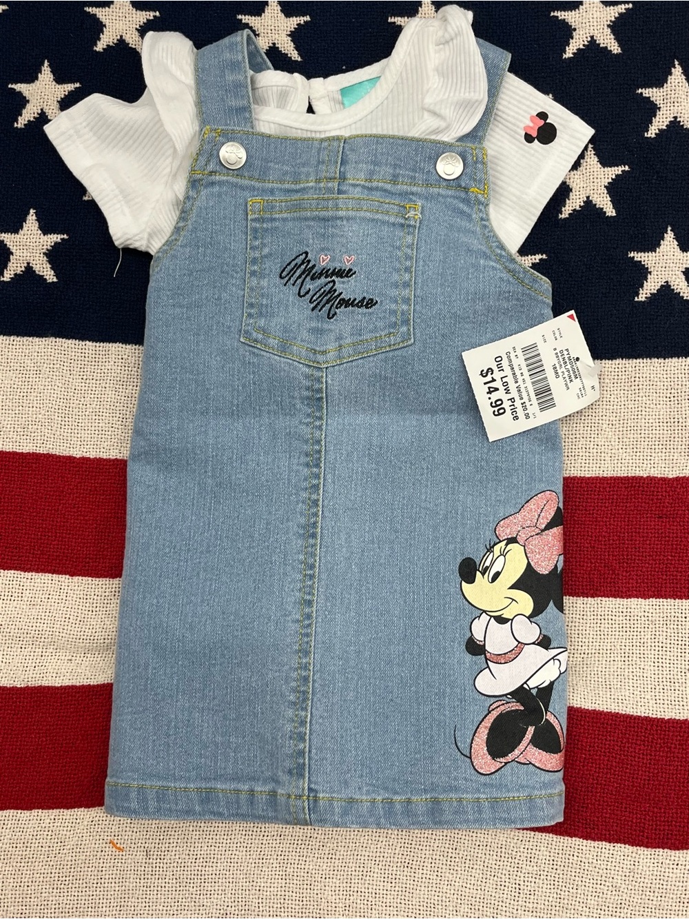 Disney Light Blue Denim Minnie Mouse Overall Dress Size 18 Months New with Tags